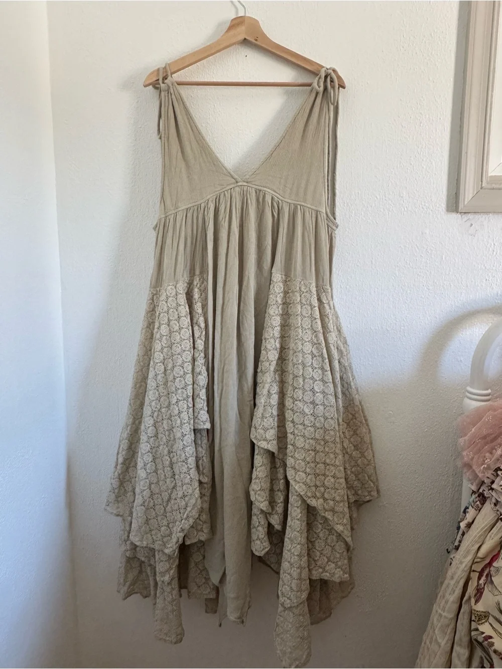 Free People Beige Tie-Shoulder Tiered Midi Dress